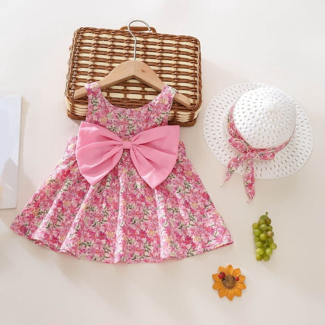 Robes pour Bébés Filles Robe Tutu Sans Manches pour Bébé Robe d'Été pour Bébé Fille avec Chapeaux 2 Pcs Robe de Princesse pour Bébé 6-12 Mois