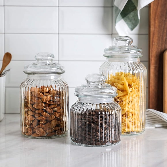 Gala Houseware Bocaux Hermétiques pour Aliments avec Couvercles en Verre, Ensemble de Bocaux en Verre Nervuré pour l'Organisation du Garde-Manger de Cuisine, Ensemble de 3