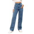thumbnail image 1 of 2025 Women Solid Loose Slimming Jean Button Pant Pocket Washed Classic Denim Polished Waist Ripped Jeans Mod Mom, 1 of 4
