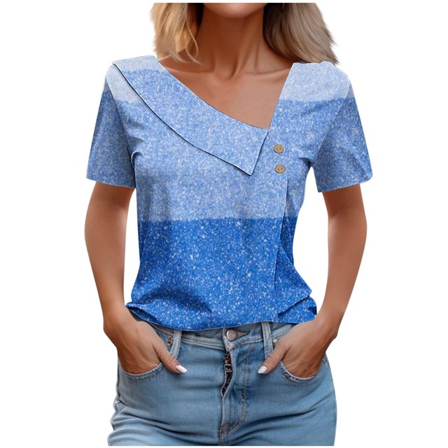 FAIWAD Women Summer Tops Short Sleeve Irregular V Neck Button T-Shirts Geometric Color Block Print Tees Blouses