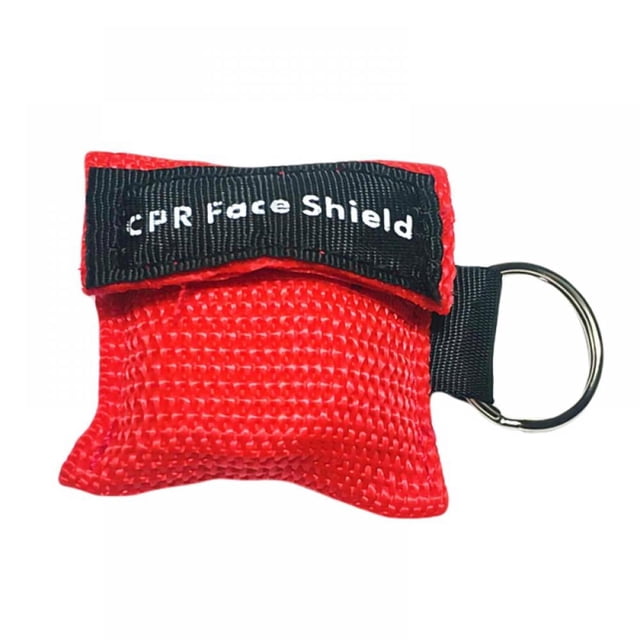 Bangus Face Shield Mask Keychain Keyring CPR Face Shields Pocket Mask for First Aid or CPR Training. A compact red nylon pouch with a black flap labeled 'CPR Face Shield,' featuring a keyring attachment. Designed with a one-way valve for safe first aid use, it is made of high-quality polyethylene and measures 5.5 x 5 cm. Ideal for emergency kits, wallets, or keychains.