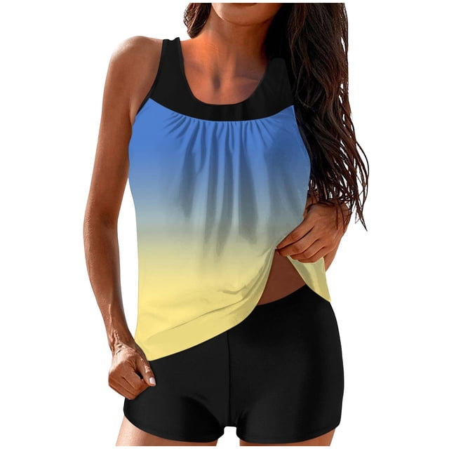 FAVIPT Bathing Suits for Women Floral Printed Tummy Control Swimsuits Modest Athletic Tank Top with Shorts Yellow,L