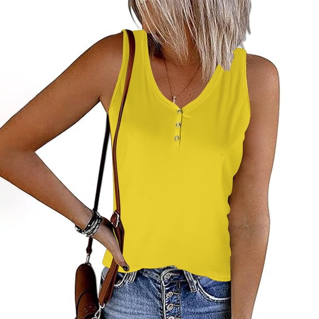 QUINDOS Tank Tops for Women Summer Workout Yellow Striped Round Neck Button Elastic Tank Tops Camisoles for Women