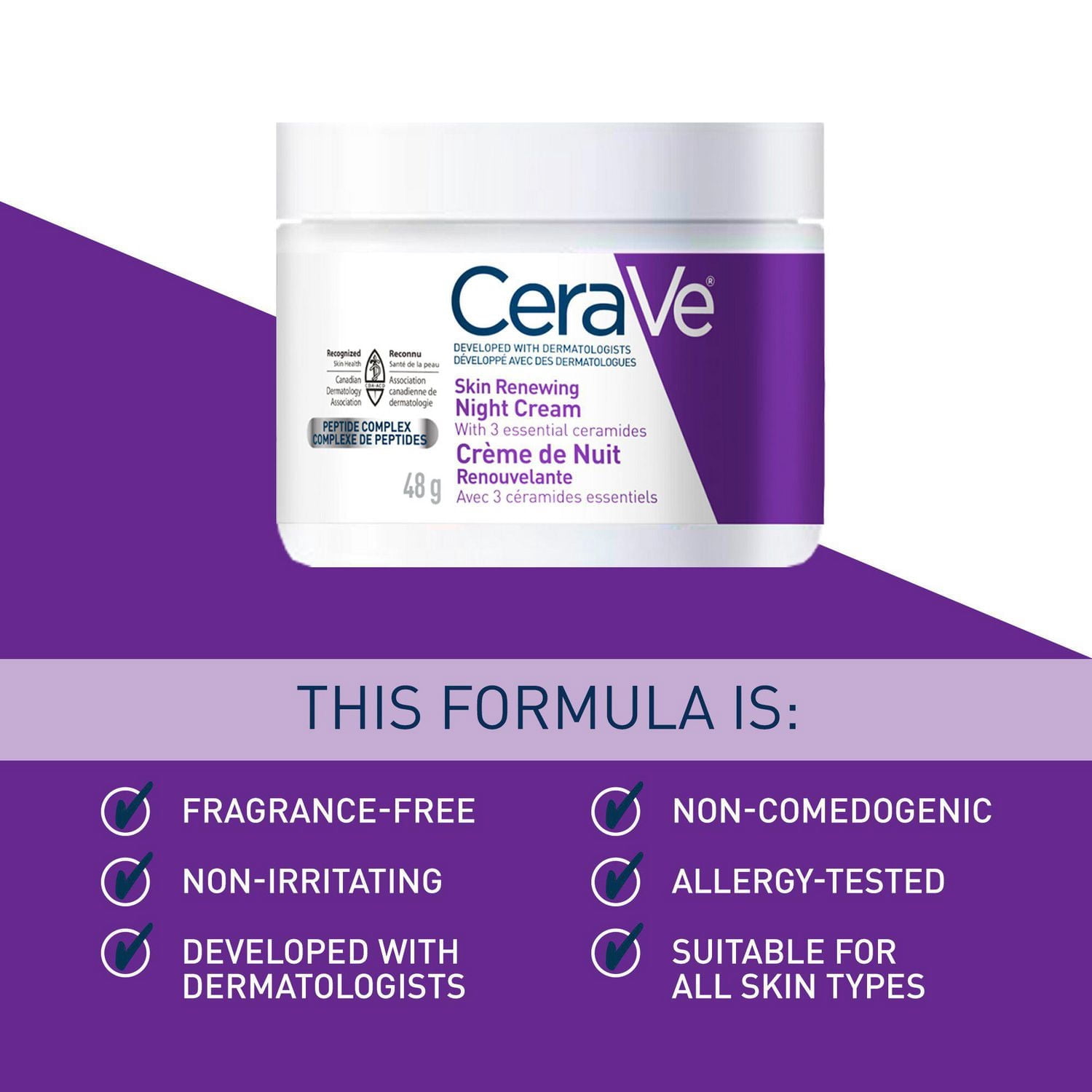 CeraVe Crème de Nuit, Hydratant Anti-Âge avec Peptides et Céramides pour Réduire les Ridules Durant la Nuit, 48 g