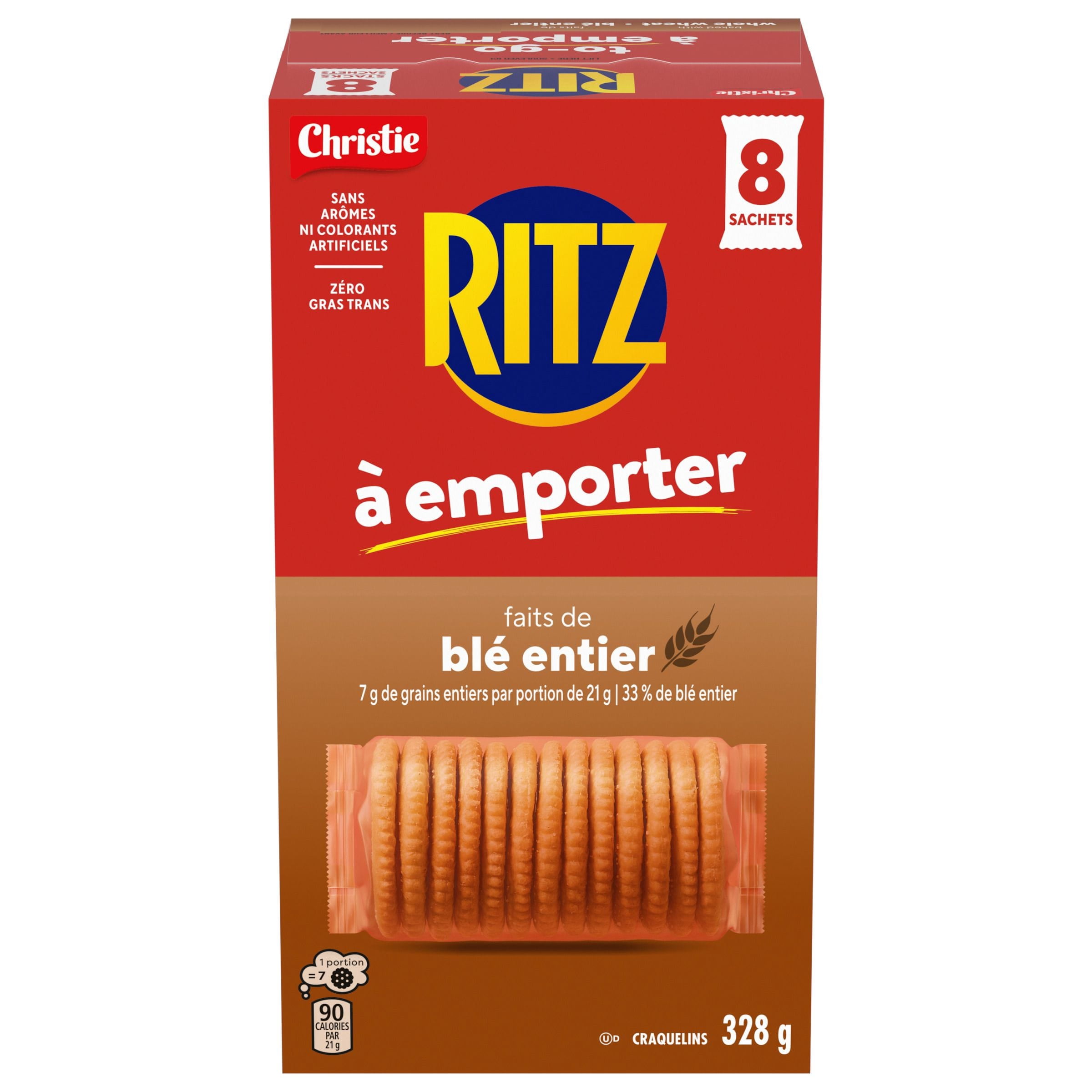 RITZ à Emporter Craquelins Faits de Blé Entier, Lot de 8 Piles de Craquelins Emballées Individuellement, Format Portatif, Collation Pratique à Emporter, Collation pour la Boîte à Lunch & Collation de Voyage 328g