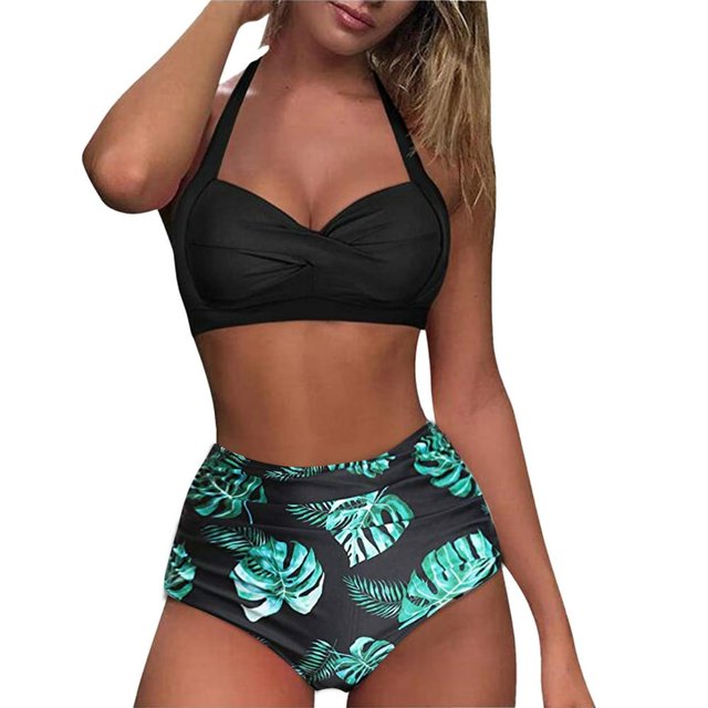 New Years 2022 Women Vintage Swimsuit Two Piece Retro Halter Ruched High Waist Print Bikini Set