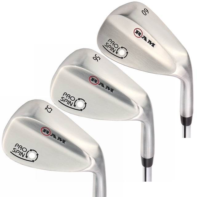 Ram Golf Pro Spin 3 Wedge 1 Inch Shorter Set with 52° gap wedge, 56° sand wedge, and 60° lob wedge. Premium stainless steel heads, graphite shafts, and standard grips for precision shots within 100 yards. Ideal for improving your short game.