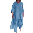 thumbnail image 2 of FAIWAD Ensemble 2 Pcs pour Femmes en Coton et Lin, Col Rond, Boutons, Manches Longues, Ourlet Irrégulier, Hauts, Pantalons, Décontracté, Ample, 2 of 6