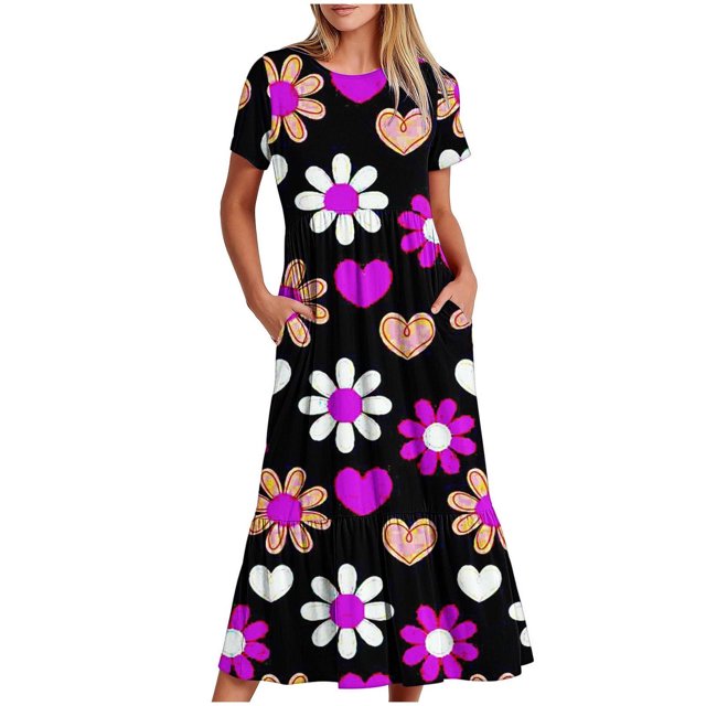 Robe d'Été pour Femmes 2024 Mode Grande Taille Manches Courtes Col Rond Jupe Mi-Longue avec Imprimé Superposé Double Poche Robe 50 % de Réduction Liquidation!