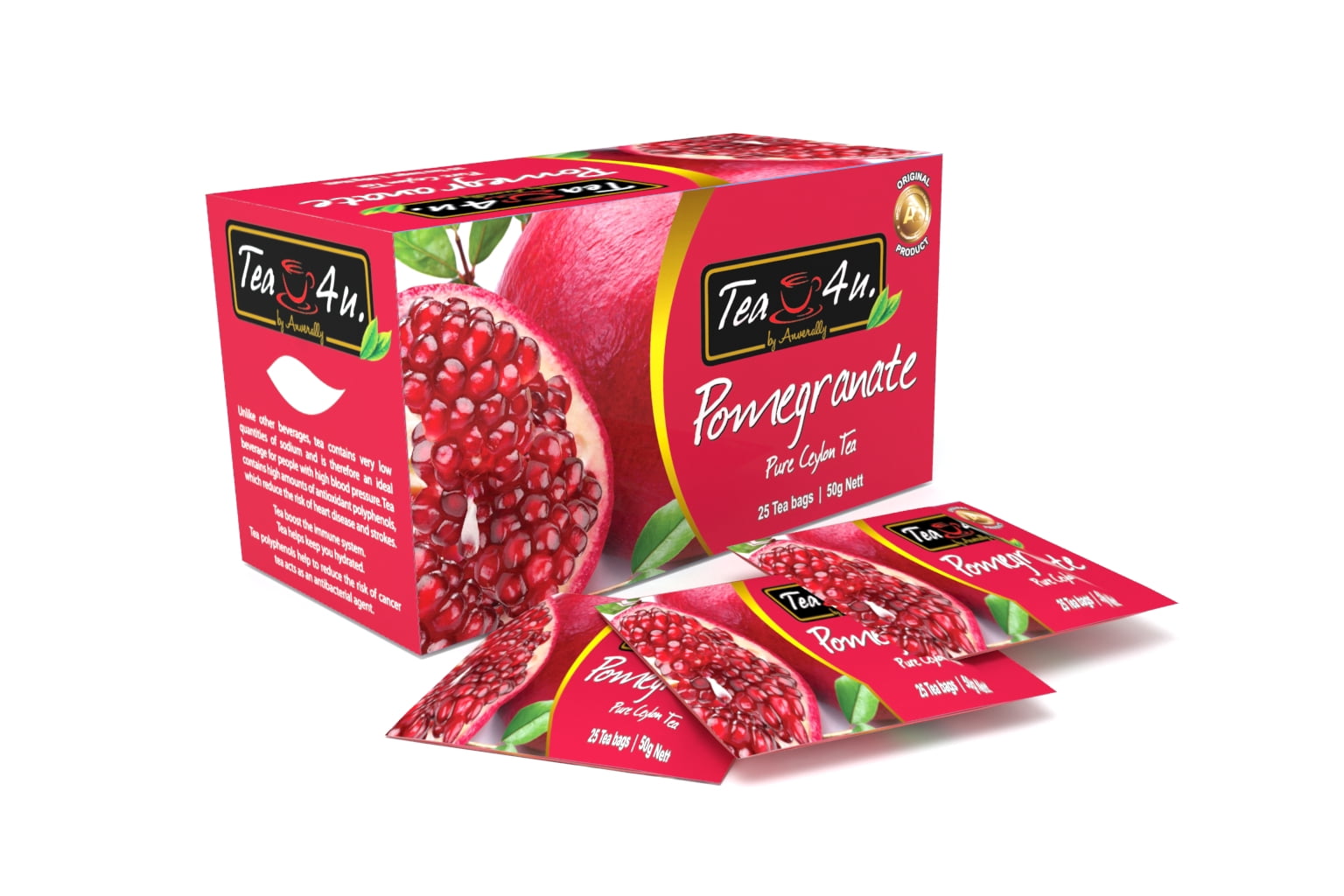 Tea4U Pomegranate Black Tea, Ceylon tea, Box of 25 Teabags
