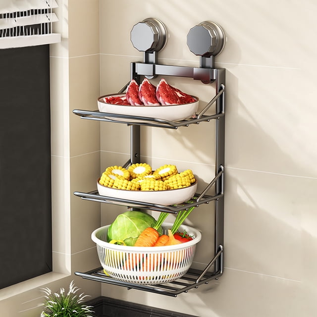 Suction Cup Kitchen Food Preparation Shelves,3 Tier Food Preparation Tray, Multi Layer No Hole Wall Mounted Vegetable Tray Vegetable Preparation Rack
