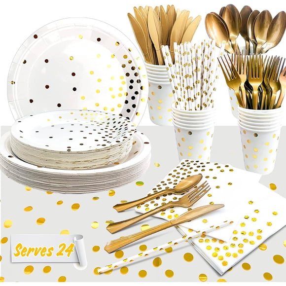 Articles de Fête Blancs et Dorés, Ensemble de Vaisselle 193 Pcs - Assiettes Gobelets Serviettes Nappe Etc Vaisselle pour Anniversaire, Shower de Bébé, Mariage, Anniversaire