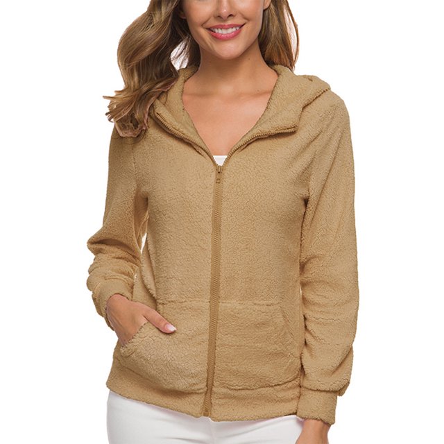 Innerwin Cardigans Long Sleeve Ladies Hoodies Fall Front Zip Leisure Sweatshirt Khaki 2XL