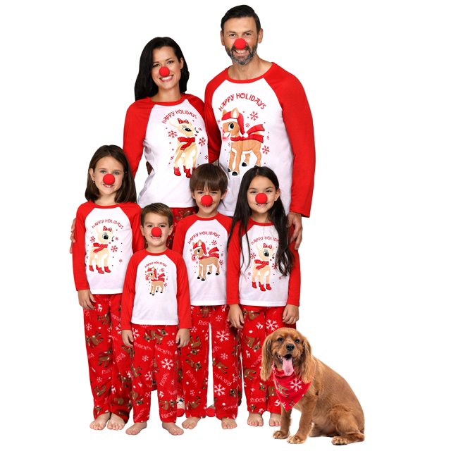 Rudolph Ensemble de Pyjama Familial Ensemble de Vêtements de Nuit Assortis pour les Fêtes Nez Rouge Inclus