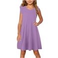 thumbnail image 2 of Milgrthf Girls Midi Dress Summer Ruffle Sleeve A Line Swing Basic Skater Twirl Party Dresses 4-12 Years Purple, 2 of 9