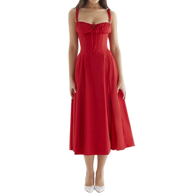 Kmbangi Robes d'Été pour Femmes 2023 Sans Manches à Bandage, Robe Trapèze de Fête de Couleur Rouge Unie. Présente un design Dos Nu avec Détails de Bandage à l'Avant et à l'Arrière, style Sans Manches, et une silhouette Trapèze Flatteuse. Idéal pour les occasions d'Été comme les Cocktails, les Sorties à la Plage, les Vacances et les Tenues Décontractées.
