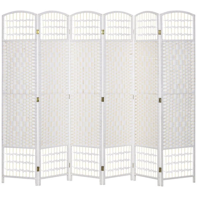 HOMCOM 5.6ft Folding Room Divider, Freestanding Privacy Screen in white, featuring six panels with a diamond woven fibre design and arched tops. Made of paper, bamboo, and wood, it has elevated feet for air circulation and a lightweight, foldable design for easy storage and mobility. Perfect for creating privacy, dividing spaces, or enhancing home decor.