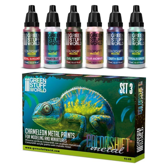 Green Stuff World Ensemble de Peinture Caméléon 3, Compte-Gouttes Acryliques 6x17 ml. pigments Métalliques Rainbow shift pour miniatures Célestes high elf fantasy, Débutants et pros