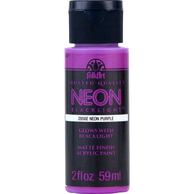 Folkart Neon Acrylic Paint, Purple, 2 fl oz bottle with black flip-top cap, neon acrylic paint that glows under blacklight and dries to a matte finish, suitable for vibrant arts and crafts projects on various surfaces.