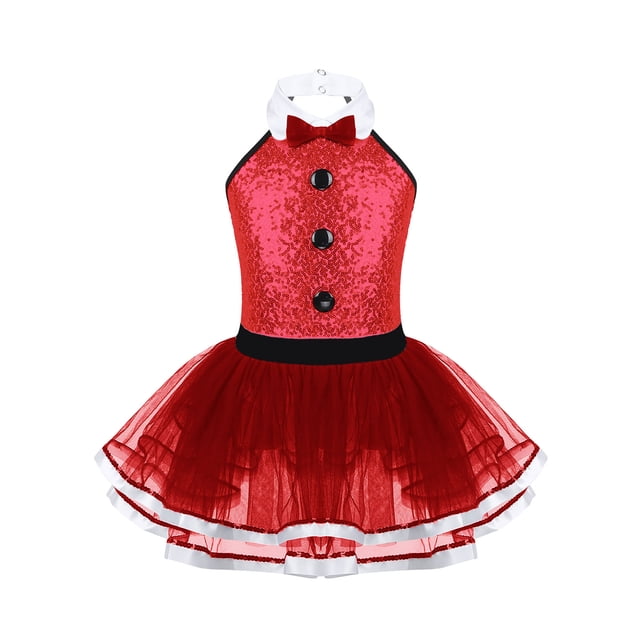 ranrann Jupe Tutu à Sequins Col Halter pour Filles Robe de Danse Ballet Déguisement Rouge 10