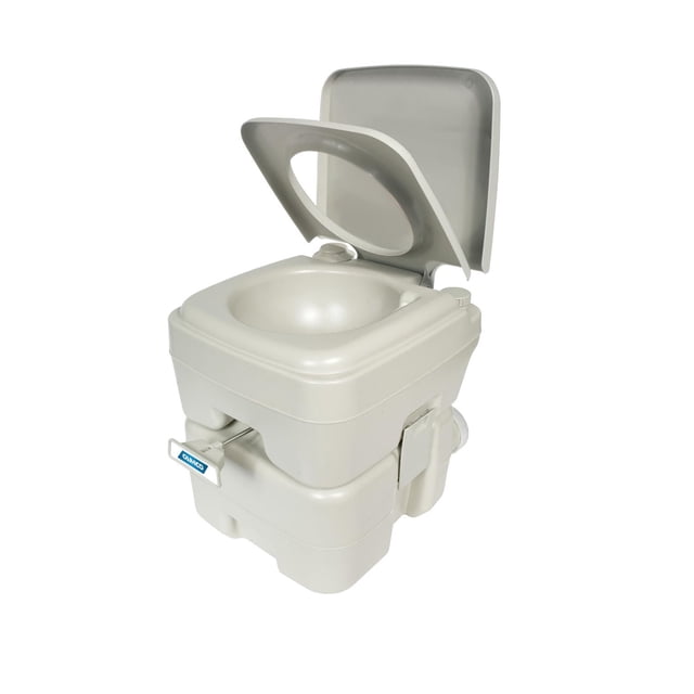 Camco 41541 Portable Toilet - 5.3 Gallon, beige polyethylene camping toilet with open lid and seat, detachable 5.3 gallon holding tank with sealing slide valve and side latches, piston-type flush, suitable for RVing, boating, and camping.