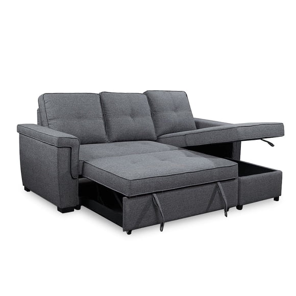 Sectionnel-lit Réversible en Lin Gris avec Rangement et Passepoil
