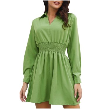 Pompotops Robe Jupe à Manches Longues à Col en V Unie pour Femmes, Mode Automne et Printemps, en Solde