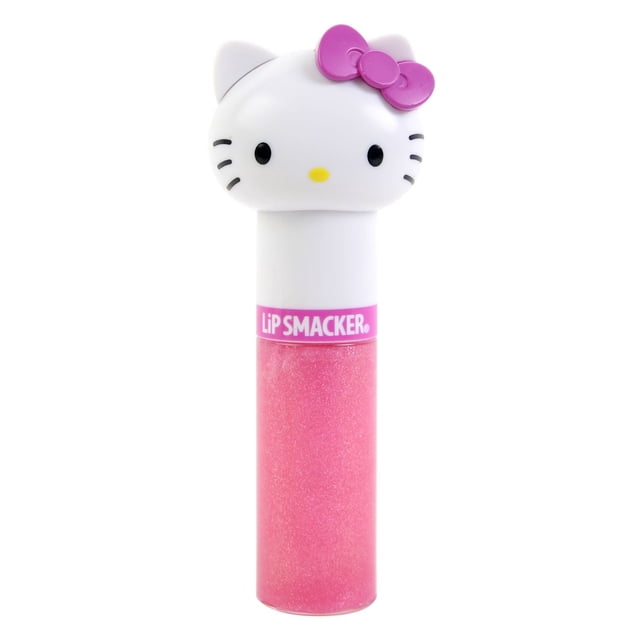 LIPPY PAL SWIRL LIP GLOSS - HELLO KITTY with a white Hello Kitty head cap and pink bow, atop a clear tube of shimmery pink lip gloss featuring a pink Lip Smacker band, providing moisturizing lip care and a glossy finish in a compact, travel-friendly size ideal for purse or pocket.