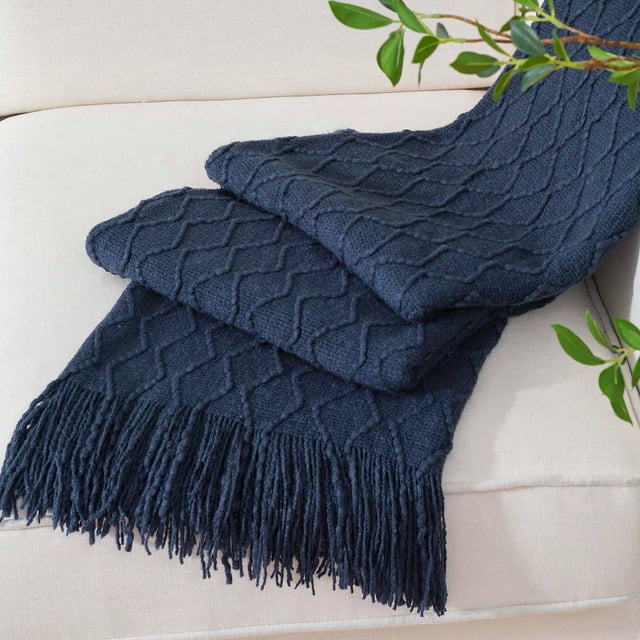 BATTILO HOME Navy Blue Throw Blanket for Couch, Acrylic Knit Woven Blanket, Lightweight Decorative Soft Nap Throw with Tassel for Chair Bed Sofa Travel Picnic, Suitable for All Seasons, 50"x60"