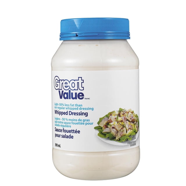 Great Value Vinaigrette Fouettée Légère dans un Pot en Plastique Blanc de 890 ml avec Couvercle Bleu à Vis, Étiquetée avec 50 % Moins de Gras Qu'une Vinaigrette Fouettée Ordinaire et une suggestion de Service pour Salade; Convient aux Salades, aux Sandwichs Ou comme Trempette pour Couper des Légumes.