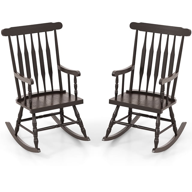 Gymax 2PCS Wooden Rocking Chair set in coffee color, designed for nurseries, patios, and gardens. Features include a slatted backrest, curved armrests, and ergonomic seat for comfort. Constructed from durable rubber wood, these chairs measure 25.5'' x 32.5'' x 46.5'' (L x W x H) and support up to 300 lbs.