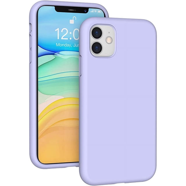 Designed for iPhone 11 silicone case in purple, featuring a shockproof, dropproof, dustproof, and anti-scratch design. The case is compatible with iPhone 11 (6.1 inches) and includes precise cutouts for buttons and ports. It has a matte, non-glossy finish with a silky, anti-fingerprint coating for a smooth touch. The raised edges around the screen and camera provide enhanced protection against drops and scratches.
