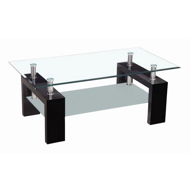 Canadian Nano Coffee Table Black with a rectangular tempered transparent glass tabletop and frosted glass shelf below, supported by four black high gloss lacquer legs with cylindrical metal connectors, suitable as a coffee or accent table.