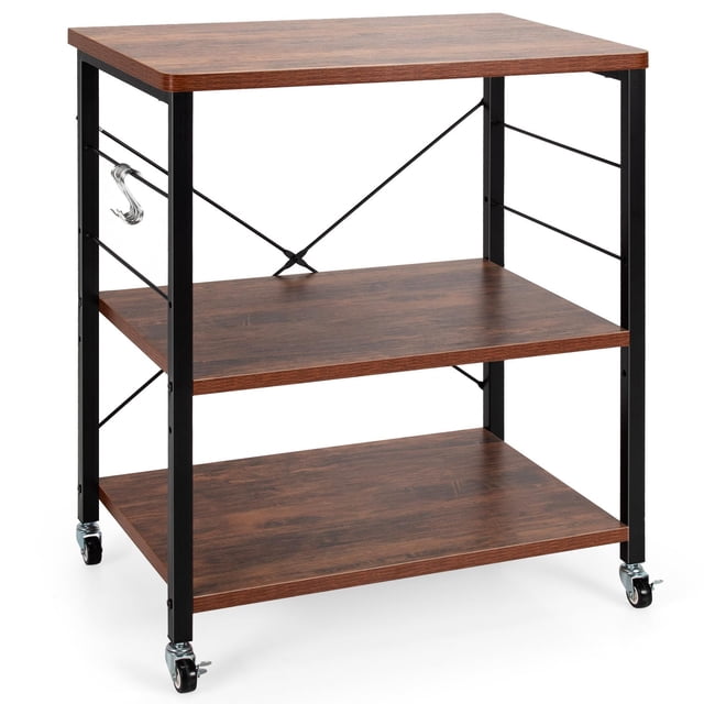 3-Layer Microwave Stand Bakers Rack, Kitchen Rolling Cart with 4 Universal Wheels and 10 Removable Hooks, Coffee Cart Shelf Organizer for Kitchen, Living Room, Entryway, Vintage