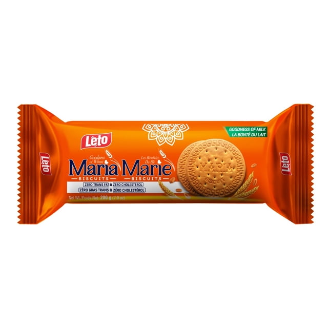 LETO MARIA Kosher Halal No High Fructose Syrup LETO original Maria cookie, centered front-facing view of several stacked Maria biscuits showing round shape and scalloped edges on a plain white background; identified as tea biscuits and suitable for use as a crumb base for no‑bake desserts.