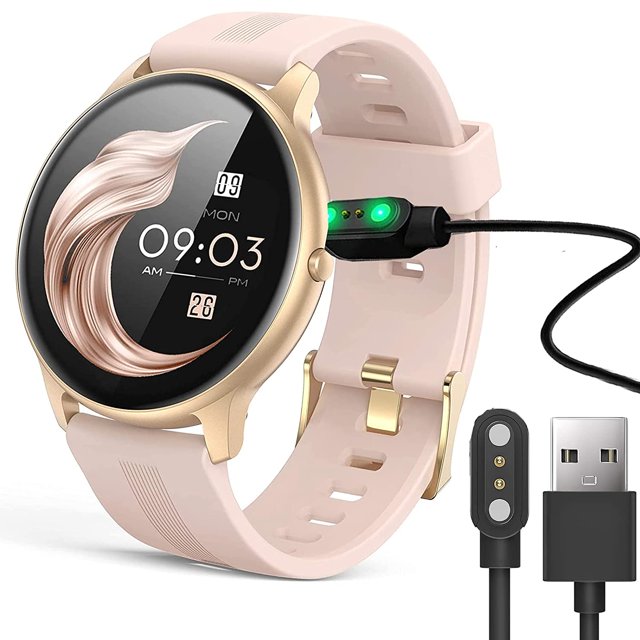 ORUYROP magnetic USB charging cable compatible with AGPTEK LW11 Smartwatch, shown in black. The charger features a magnetic connector attached to a smartwatch with a pink strap and gold casing. Includes built-in short-circuit protection IC to prevent overvoltage and overcurrent. The USB interface is visible, designed for easy portability and convenient use at home, office, or during travel. Smartwatch not included.