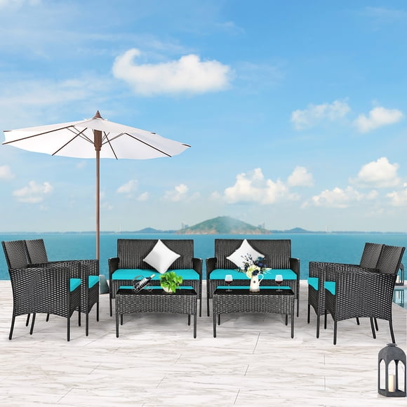 Costway Ensemble de Mobilier de Patio en Rotin 8 Pcs Canapé Coussiné Table Basse Cour Arrière Turquoise