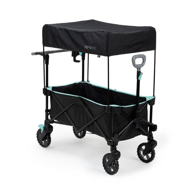 Summer by Ingenuity Pop N Ride Stroller Wagon in black with turquoise trim, featuring a foldable frame, collapsible UPF 50+ canopy, four durable wheels, height-adjustable handles for push or pull, and secure 3-point safety harnesses for two children up to 50 lbs each.