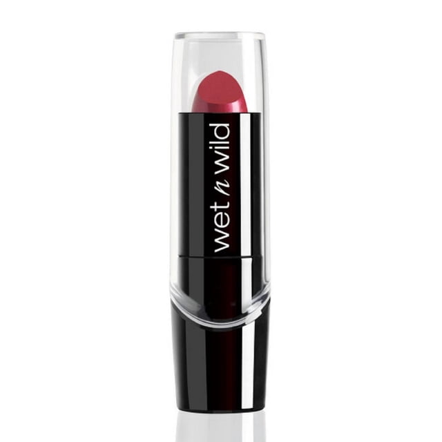 Wet and Wild Silk Finish Lipstick in a black tube with a clear cap, showing a rich red lipstick bullet enriched with vitamins A and E, aloe vera, and macadamia nut oil for smooth, hydrated lips and a silky finish, suitable for daily wear.