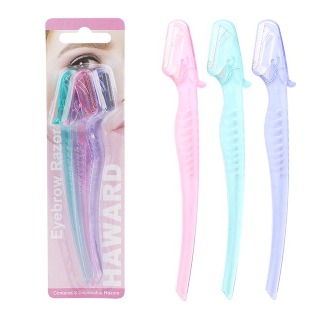 3PCS Eyebrow Razor Stainless Steel Painless Portable Eyebrow Shaver Facial Razor. The set includes three razors in multicolour (red, green, and blue) with stainless steel blades and ABS plastic handles. Each razor measures 13cm (5.12in) in length with a 2cm (0.79in) cutter. Designed for eyebrow shaping and removing unwanted hair from various areas such as lips, face, arms, and legs. Compact and portable, ideal for travel or outdoor activities.