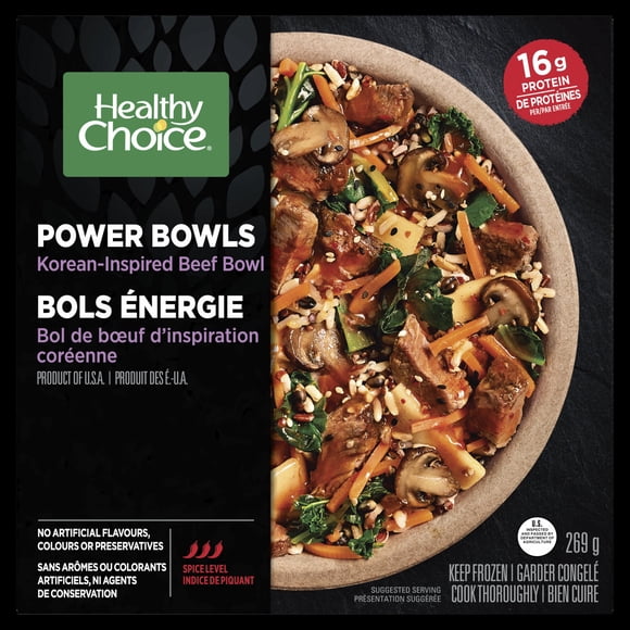 Healthy Choice Bols Énergie Bol de bœuf d’inspiration coréenne dîner surgelé avec bœuf braisé assaisonné, riz brun et riz noir, quinoa, champignons, carottes, légumes verts et sauce au sésame, Repas surgelé, 269g