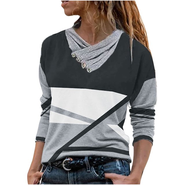 EQWLJWE Chemisiers à Manches Longues pour Femmes Mode Femmes Col en V Hiver Bouton Imprimé Chandail à Manches Longues Hauts Chemisier