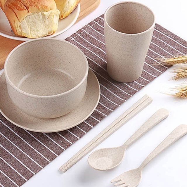 6-Piece Reusable Tableware Set, Eco-Friendly Straw Material Heat-Resistant Portable Cutlery, Stackable Bowl Cup Spoon Fork Chopsticks for Home Travel Camping, Beige
