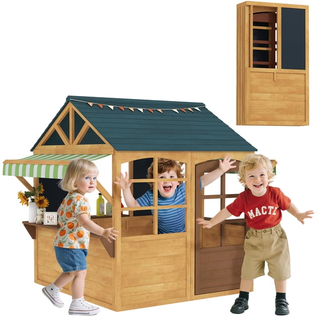 Qaba Outdoor Playhouse for Kids, Foldable Wooden Cottage, Brown