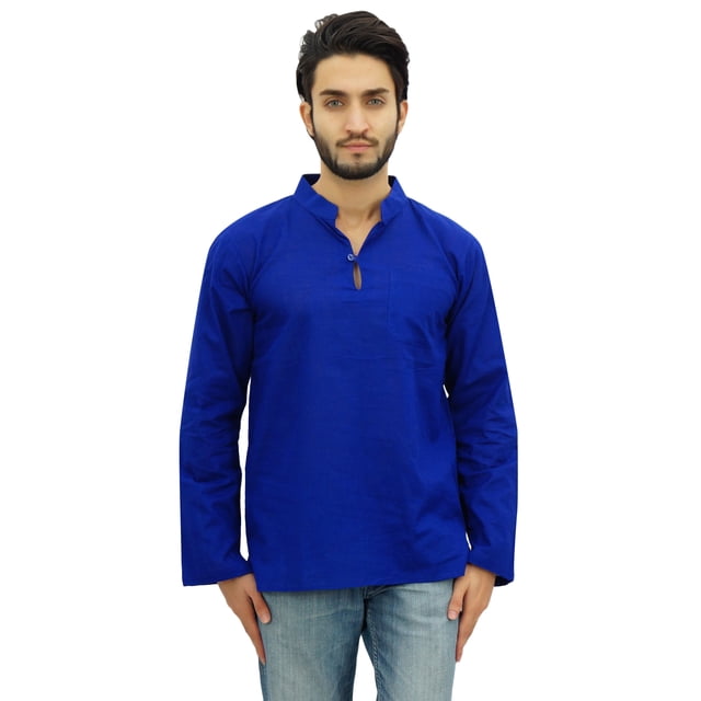 Atasi Kurta Court à Col Officier pour Homme Bleu en Coton Tunique Décontractée - Grand