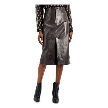 INC Womens Brown Faux Leather Pocketed Animal Print Midi Party Pencil Skirt 0