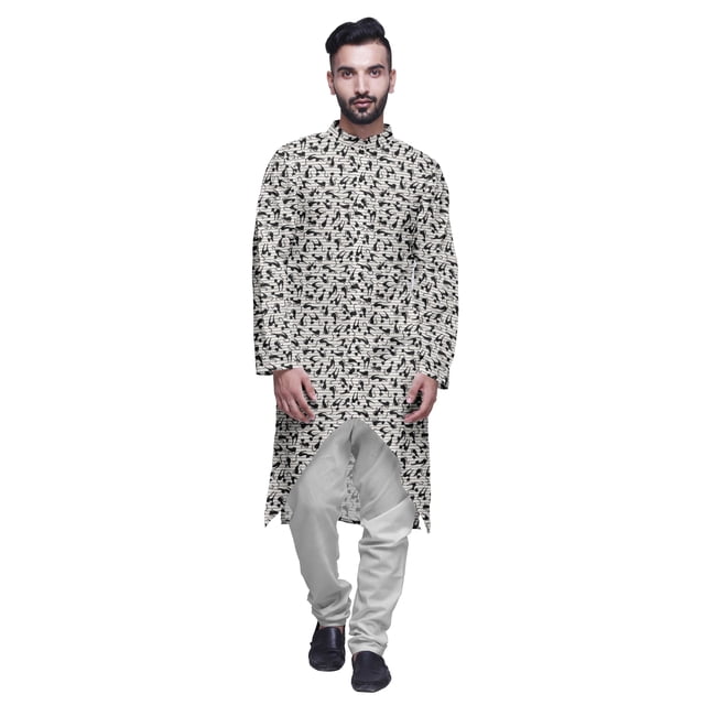 Atasi Button Down Asymmetrical Kurta For Men Printed Mandarin Long Sleeve Shirt