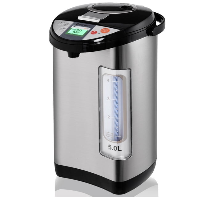Costway Bouilloire et Chauffe-Eau à Écran LCD 5 L, Marmite Électrique Kettle, Distributeur d'Eau Chaude avec Corps en Acier Inoxydable et accents Noirs. Doté d'Un Écran LCD Affichant la Température de l'Eau, d'Un Indicateur de Niveau d'Eau et de Trois Modes de Distribution, Incluant une option de Pompe à air pour une Utilisation Sans Alimentation. l'Appareil de Capacité 5 Litres Comprend une Fonction de Réébullition et un Minuterie pour un Fonctionnement Pratique.