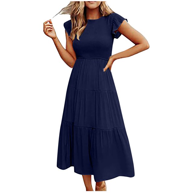 Tumotour Robes d'Été pour Femmes, Ligne A, Col Rond, Couleur Unie, Robe Décontractée à Volants, Longueur Thé, Manches Courtes, Robe Midi Évasée Fluide, Robes Bohèmes pour Sorties, Plage, Rendez-Vous, Vacances