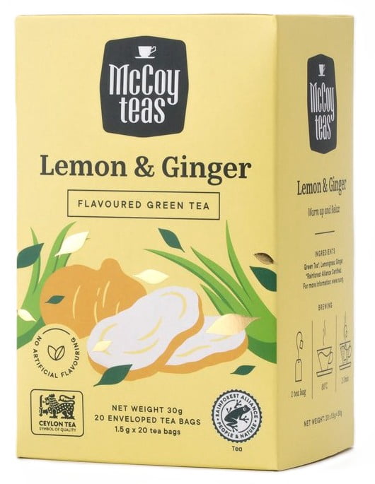 McCoy Teas Lemon & Ginger Green Tea Premium Ceylon Tea from Sri Lanka, 20 Individually Wrapped Tea Bags